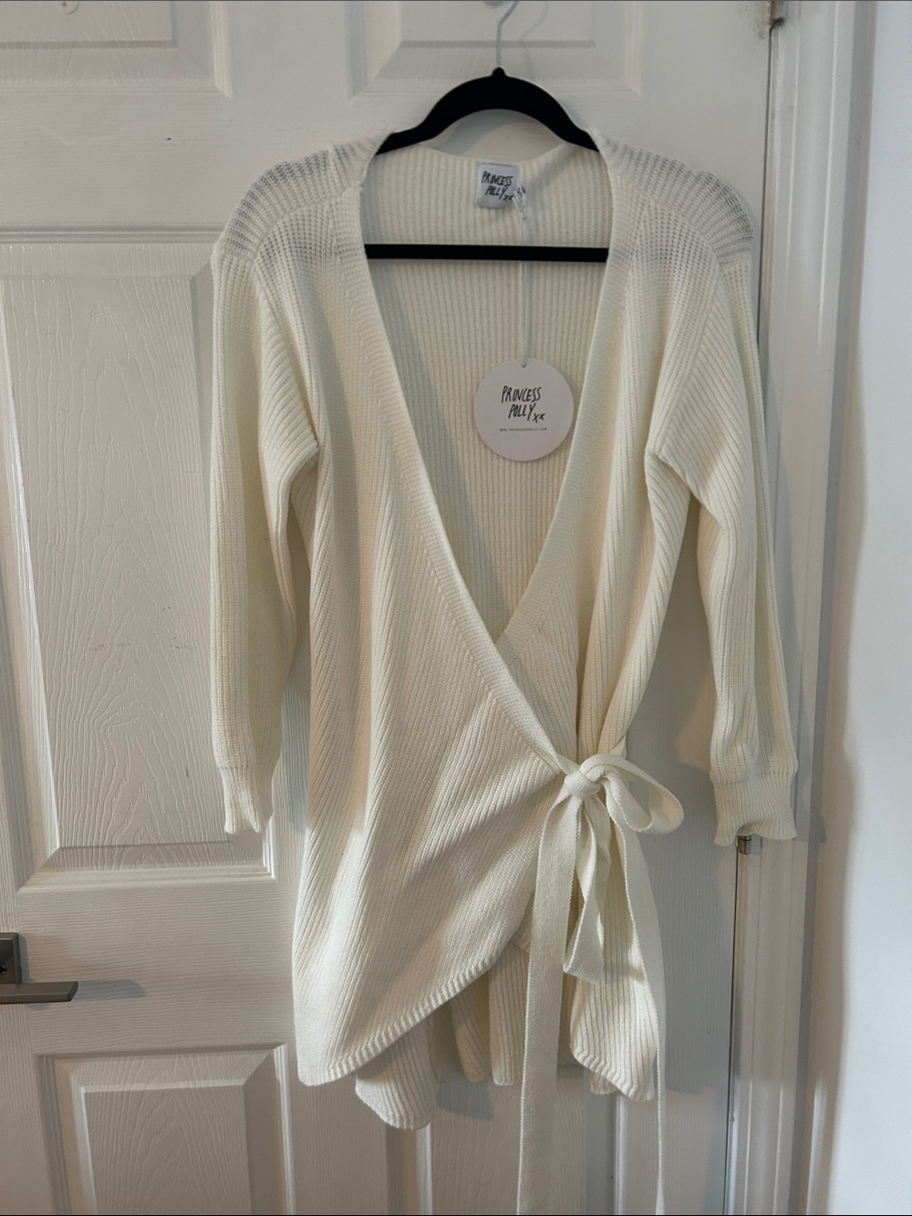 Princess Polly Cream Ribbed Wrap Cardigan with Side Tie